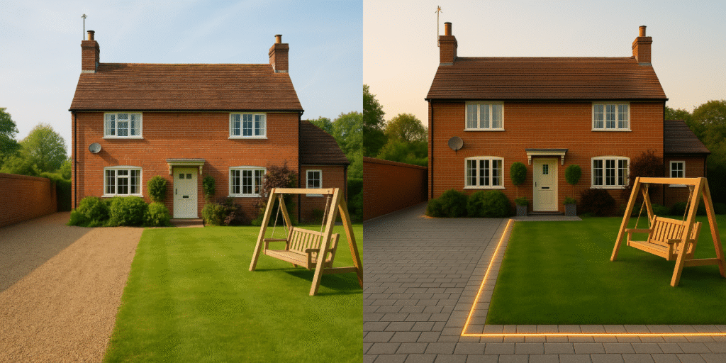 UK Front Driveway and Garden with Lighting and Furniture